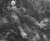 A dead body of a 19 year old Japanese pilot Tadayoshi Koga, who was founded a month after he crash-landed his still-intact Zero aircraft on Akutan Island, Alaska during the bombing of Dutch Harbor (July 1942) from female pilot dead body