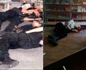 Body positions of Eric Harris and Vladislav Roslyakov after committing suicide, both by a self inflicted gun shot to the head, also notice how similar their outfits are, how both died infront of a bookshelf and both died at 18 after shooting up a school from kenyan parte after parte