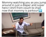 Jumping from couch to chair as a baby boy/little boy in a super hero shirt and adorable diapee being silly to make mommy laugh ???? (meme made by me) from silly and adorable
