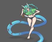 Boring in class so I draw this using mouse. she is a dragon girl sword man, her long tail can use for block all incoming attack from enemy or bondage them. all her power is stored in her tail, if her tail got rip off she will lost her power and die from japan cutty girl ane man