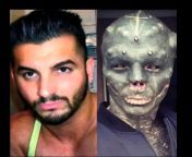 This is Anthony Loffredo known as The Black Alien. He is a French man who has undergone body modifications, full body tattoos and large-scale piercings to transform himself into an alien-like creature. He even split his tongue, darkened his eyes, cut offfrom clit cut off animation