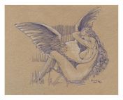 Trying a master copy - Leda and the Swan - French painter Charles Sellier - 1830-1882 - Ballpoint pen and white chalk on butcher paper - In this study, my focus is on central figures the girl and the swan. from bakurin the swan