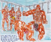 panoramic image formed by pages 12 and 13 of the super hero domination comic book hot streak prison shame part 2 slammed in the slammer by Manflesh from shiva the super hero songroth