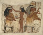 A fragment from a large banquet scene painted on mud and straw that once adorned the walls of the Theban Tomb TT181 of Neb-Amun and Ipu-ky (also known as the tomb of the two sculptors). It dates to the mid-18th Dynasty (circa 1400 BCE) at the time of thefrom tomb of jesus