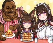Amagi-chan enjoying pancakes and milk with Kashino...and Oliva from Baki the Grappler? (by @18kinsassa) from bath and milk with mommy