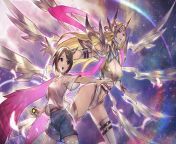 Hikari fuses Angewomon with Divine Sword Irelia (League of Legends)done by Jun Wei and Kai E for a commission from sharon wei and roman