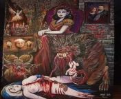 God vs Werewolf, by Nick Sea &amp; Suzie Sea, gouache enamel ink on 7 foot handmade canvas, 2021 from nblack sea