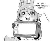 LF Mono Source: &#34;Do you understand that?&#34; 1girl, black bikini, blush, drawing tablet, fox ears, fox girl, fox tail, furry, hair between eyes, holding tablet, large breasts, light hair, open mouth, tail, white background from fox girl boss
