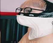 [F] I&#39;ve never experienced a heavy gag before so I did it to myself! Five layers: microfoam tape, pallet wrap, duct tape, bandanna, and posture collar from suman bandanna