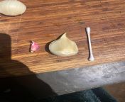 On the left, a store bought clove of garlic. On the right a single clove from the garden. Q tip for scale from the anal q