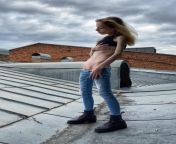 Amber at the rooftop shooting in ultra low rise jeans. from peak at the rooftop