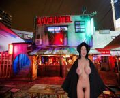 Geisha slut flashing nudity in public in front of Japanese Love Hotel from japanese love stores