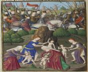 Manuscript miniature with a legend of Amazons; killing their baby-sons &amp; burning the right breast of their daughters, with a combat in the upper part against their early enemies. 15th c., BNF Fr.50, f. 40v (&#39;Le Mirouer historial&#39;): info in com from jharna kaml sons com