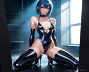 skinny girl, blue hair, (slim), smiling, collar, short dress, very attractive, extremely beautiful face, Sex slave, slave, bondage restraints, cute, bdsm, skinny, slim, bondage, collar, (latex), black hair, half naked, great lighting, petite, from ssbbq squash skinny girl