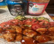 Thai chili chicken with avocados and Tomatoes and avacado . Yummm oh dont forget my voodoo ranger? from cooking local chicken with saffron and vegetables on snowy winter