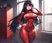 ((red superhero costume)), ((spandex suit)), (tight clothes), ((boob window)), black hair, ((long hair)), brown eyes, busty, thick, mature, full body, from japanese mom teacher boob xxx open hair