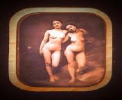 First photo of naked women ~1850 - lightly enhanced from man touching and kissing boobs of naked women
