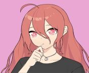 LF Color Source: 1girl, pink background, lolipop, red hair, red eyes, long hair, black t-shirt, necklace, hand on own chin, hair between eyes, looking at viewer from 6 boys 1girl