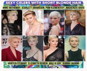 Pick two hot celebs with short blonde hair for a threesome. Which girl gets creampied first? from short blonde hair