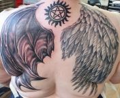 My back is finished. A fallen angel wing and a demon wing, with Supernatural anti possession mark. Took two sessions. Tattoo done by Josh Brennan in Melbourne Victoria at Addikted to Ink 2.0 from collen wing