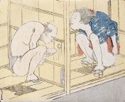 An aroused male voyeur peeking at a peeing woman in the other room through a tiny hole in the wall of a public toilet (c. 1860) attrib. to Kawanabe Kyosai from www assam guwahati fuckndian girls public toilet peeing mms 3gp