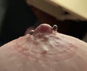 Doe my nipple piercing look alright? Only when my nipple is hard does the bar look uneven (Ive had it for about 2.5 months and have gotten it checked out at a credible piercing shop) from aunty showing boobs nipple piercing