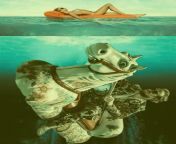 I saw this image in my dream right before I woke up. Its weird mash up of the posters for the movies Jaws and Piranahs, but the main monster was a man on a horse pool float in the ocean. In my dream I found this terrifying. from keerala kunna image in chakka