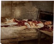 The morgue photograph of Mary Kelly. Killed by The Ripper in august 1888. Her room has been decorated with various body parts of this woman. This took hours. Fantasizing as he went, the sick mind leaves its mark for posterity. NSFL/NSFW from body parts of 3rd sex