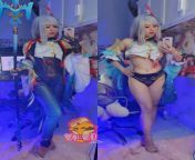 Aunty Shenhe try on cosplay by Vi (self) from aunty bigboobs show on ouside