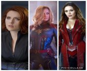 Avengers girls: Scarlett Johansson (Black Widow), Brie Larson (Captain Marvel), Elizabeth Olsen (Scarlet Witch) from elizabeth olsen scarlet witch tight boobs image