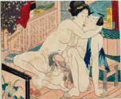 Erotic print (shunga) of a couple having sex in a bath house, by Utagawa Kunisada. Japan, Edo period, around 1850 [1940x1355] from voyeur tapes a couple having sex in public