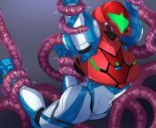 Samus Aran grabbed by and then lifted up by some strange alien tentacles. Samus still looks hot fully armored. from samus aran