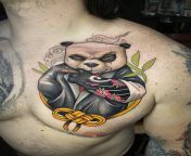 Yakuza Panda chest piece done by DJ Tambe at Bad Apple Tattoo in Las Vegas, NV from horrer movies by dj smith