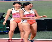 Japanese track women. Both with toe, one with bit kitty fur peeking too- from japanese shaved cameltoe