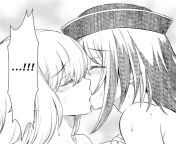 LF Mono Source: 2girls, multiple girls, hat, short hair, long hair, closed eyes, kissing, yuri, shoulder, blushing, speech bubble, exclamation mark, sweat, naked from temple long hair girls shave