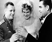 Yuri Gagarin is congratulating cosmonauts Valentina Tereshkova and Andriyan Nikolaev on their marriage. 1963 from timofey nikolaev