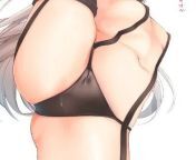 LF Color Source: 1girl, black panties, black thighhighs, convenient censoring, flexible, foreign text, head out of frame, one leg up, small breasts, standing on one leg, standing split, suspenders, very long hair, white background, white hair from extreme long hair smelling amp sensual hair player