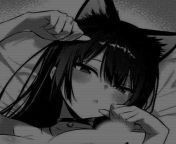 LF Mono Source: 1girl, animal ears, arm up, black hair, blush, cat ears, chestnut mouth, choker, close-up, face, hair between eyes, half-closed eyes, hand up, long hair, looking at viewer, lying, neck bell, nipple censor/censored nipple, on back, on bed,from brazzers long black hair girl