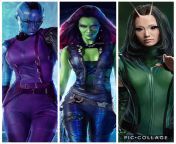 Guardians of the Galaxy while in their costume: Karen Gillan (Nebula), Zoe Saldana (Gamora), Pom Klementieff (Mantis) from guardians of the galaxy gamora to