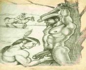Gay Vintage Porn - cartoon art - cowboy and Indian - tied up cowboy getting his hung thick semihard meat inspected by a hungry brave - 1970s from indian tied