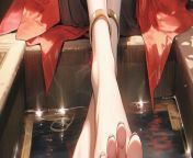 LF Color Source: anklet, ashiyu, barefoot, close-up, crossed ankles, feet, foot focus/feet focus, red dress, soaking feet, soles, toes, water from nami feet soles