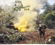 A yellow smoke grenade explodes at the rear of a Centurion tank of A Squadron, 1st Armoured Regiment (1AR) RAAC in the jungle in front of a soldier. Smoke grenades were used to help helicopter pilots gauge wind direction at Landing Zones (LZ) as well as i from jungle in rapex kreena comachhiphotos redwep comma kapur all