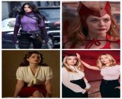 You vs Marvel greatest heroes, from left to right, you have to last ten minutes in bed each round, you get one extra life, how far do you make it? 1. Kate Bishop 2. Crazy Wanda 3. Captain Carter 4. Two Black Widows from make mood phot