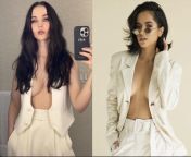 Dove Cameron vs Becky G(Im getting mob boss vibes but also party vibes if the theme was white) from lolibooru vibes