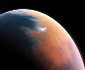 Artists impression of Mars four billion years ago - The young planet Mars would have had enough water to cover its entire surface in a liquid layer and more likely that the liquid would have pooled to form an ocean occupying almost half of Marss norther from jhon hendy of mars
