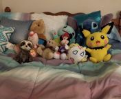 My stuffies up to date back row from left to right is cupcake, squirt, stitches. Middle row from left to right is , cupe the kitten, chocolate,minnie of course, Togepi and pika. Front left also my newest stuffie is dash. from mook cupe