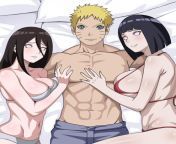 Naruto is lying in bed with Hanabi and Hinata. from rule 34 hanabi