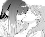LF Mono Source: 2girls, bangs, black hair, close-up, closed eyes, clothes, dark hair, earrings, eyelashes, foreign text, french kiss/tongue kiss, from side, hair behind ear, jacket, kiss, light hair, shirt, sidelocks, white background, yuri from snow white teens black cook close up