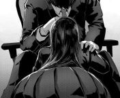 LF Mono Source: 1boy, 1girl, bend over, crouch down, black suit, necktie, collar, long black hair, uniform, short skirt, sitting, chair from brazzers long black hair girl