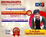 All India Rank 2 under category 1 in National Creativity Aptitude Test (NCAT) from all india school xxx pinch